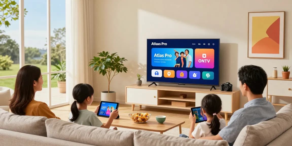 La famille utilisant l'application Atlas Pro pour un divertissement à domicile.