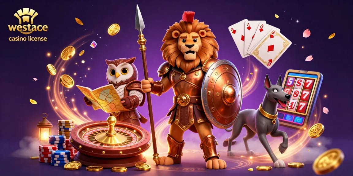 Découvrez la licence westace casino dans une illustration colorée et dynamique pleine de jetons et de cartes.