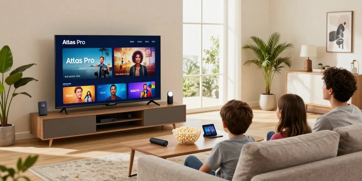 Regard sur une famille profitant d'Atlas pro ontv avec un téléviseur et des appareils divers dans un salon moderne.
