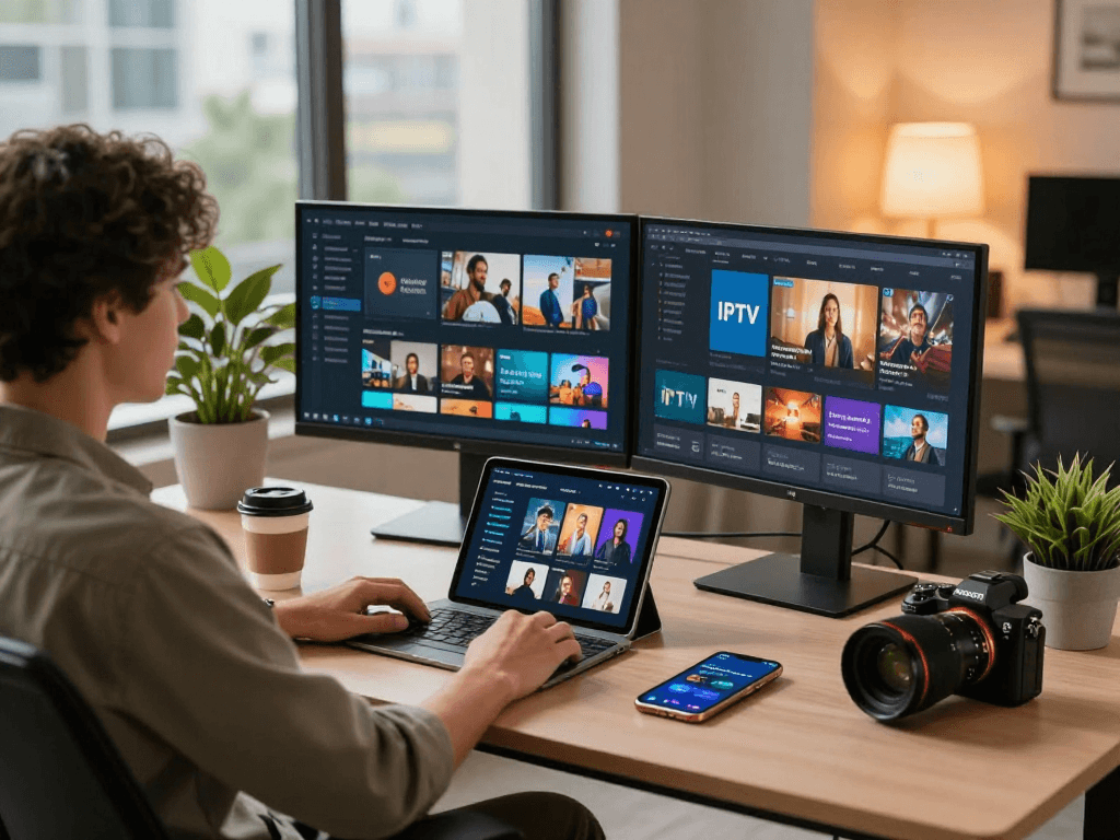Iron tv : utilisateur profitant du streaming IPTV sur plusieurs écrans dans un bureau moderne.