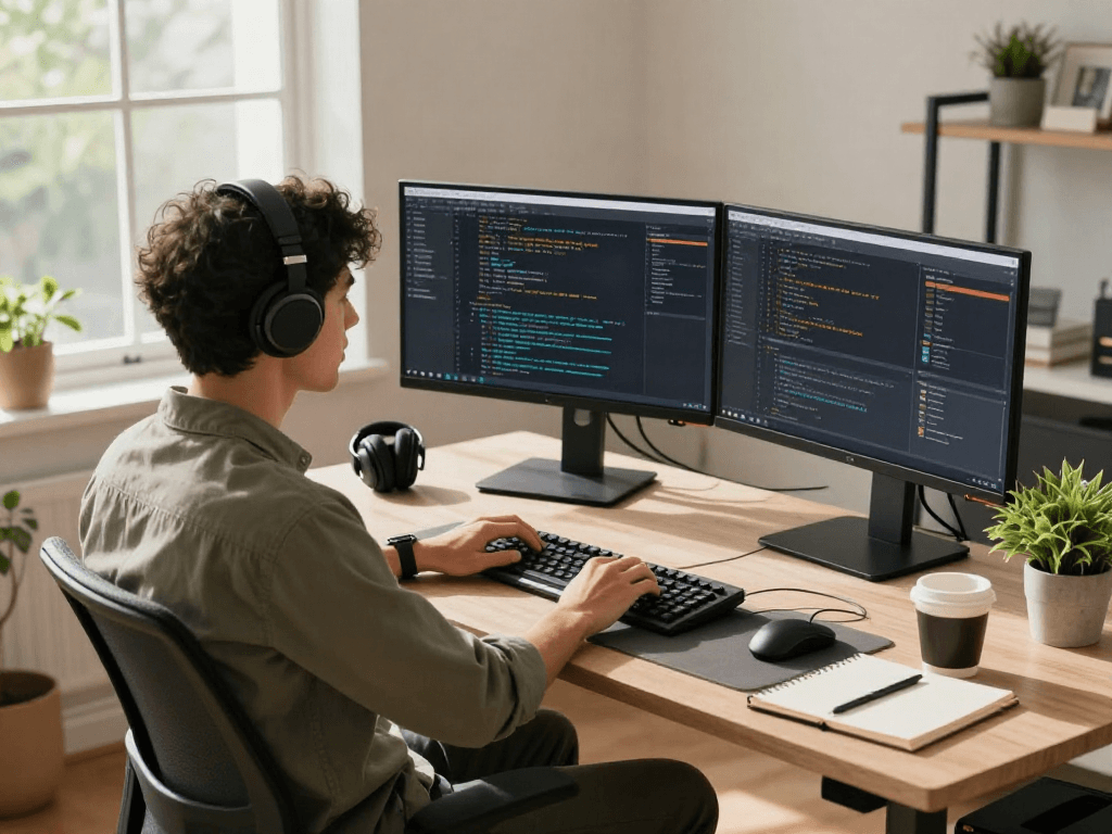 Scène moderne de bureau à domicile, Atlas pro ontv affichant des logiciels, ambiance productive et conviviale.