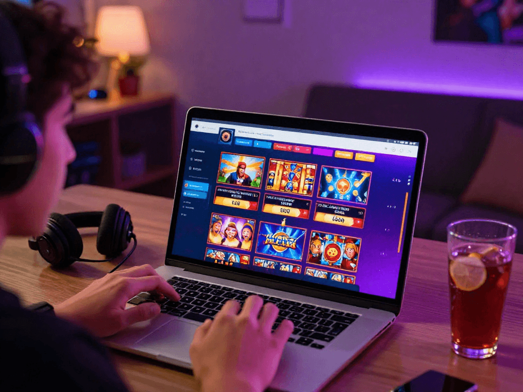 Interface d'un nouveau casino en ligne moderne, utilisateur explorant des jeux avec enthousiasme.