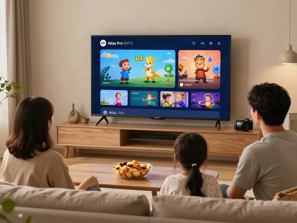 Famille utilisant l'application atlas pro ontv dans un salon moderne.