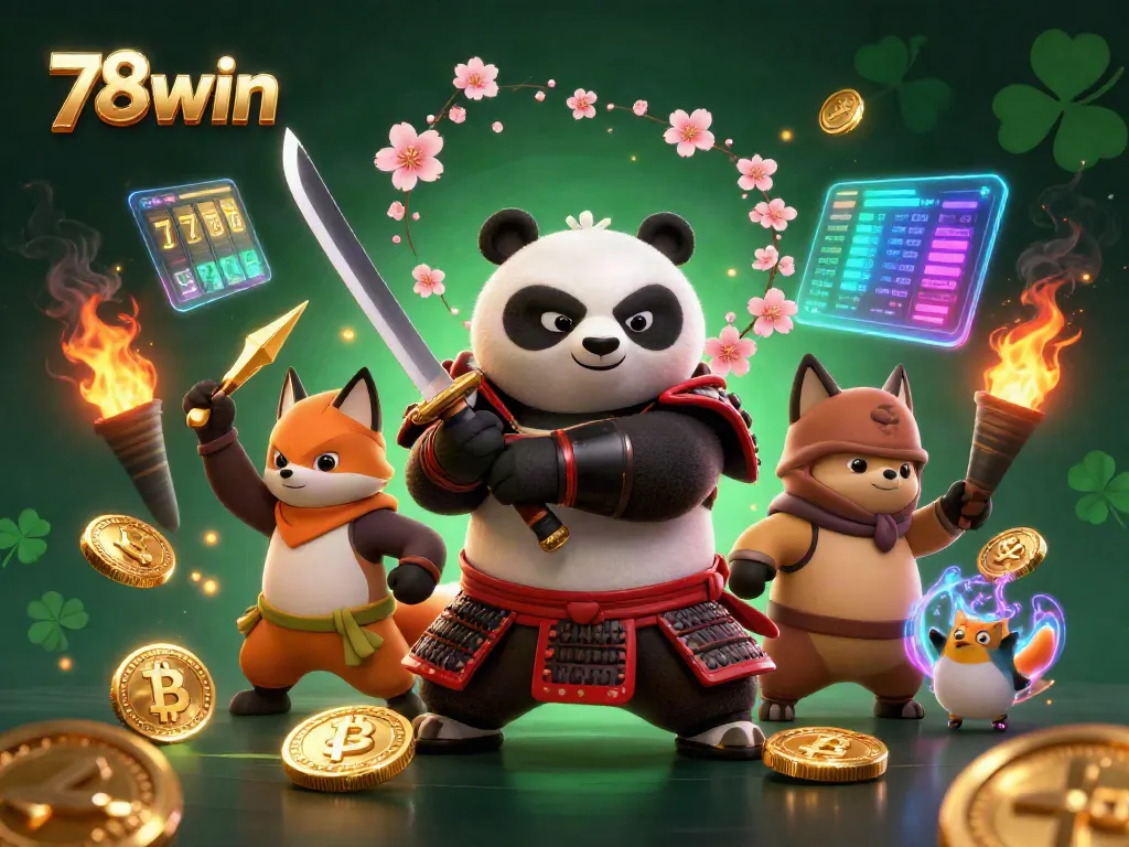 Experience thrilling gaming with a vibrant 78win illustration showcasing a samurai panda and ninja fox
