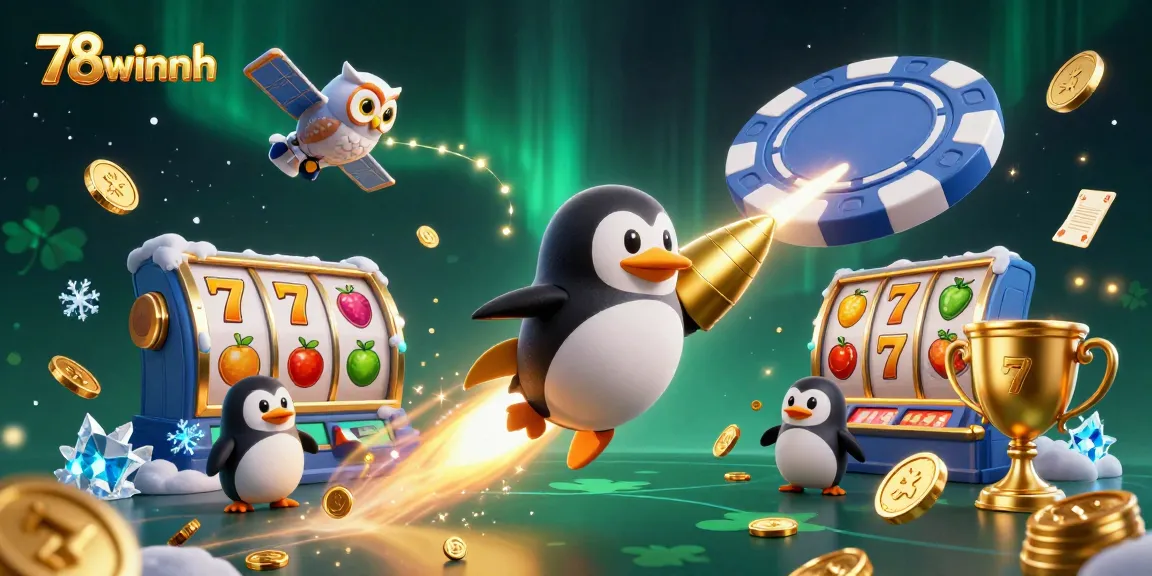 Play and win at 78winnh with exciting slot games and a golden penguin in a vibrant casino scene.