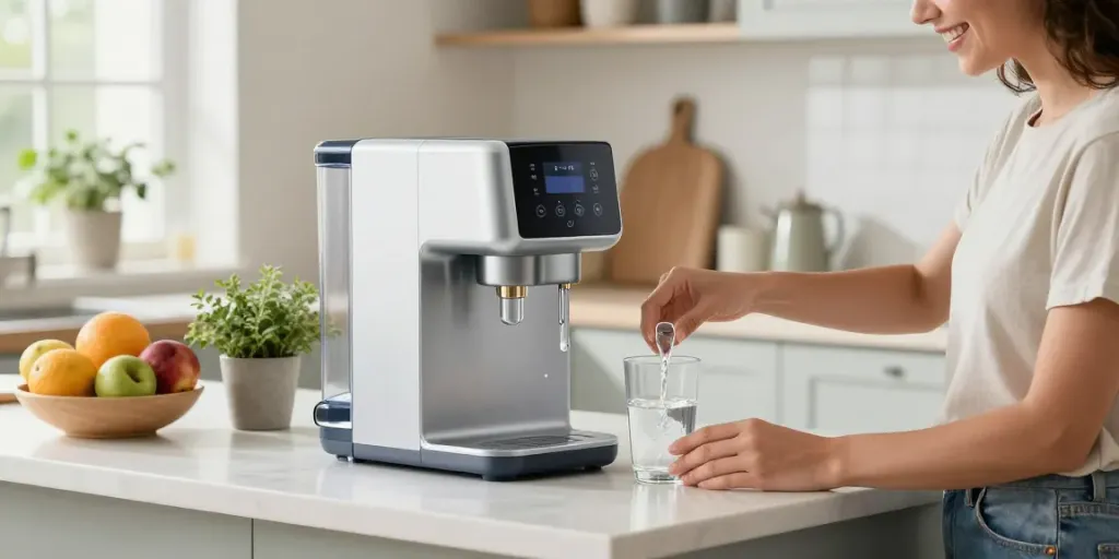 Filtre à eau par osmose inverse fournissant de l'eau purifiée dans une cuisine moderne.