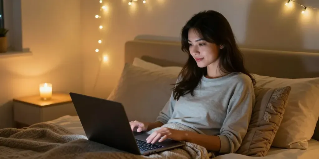 Cozy bedroom scene featuring a woman enjoying NSFW AI chat on her laptop, warm and inviting atmosphere.