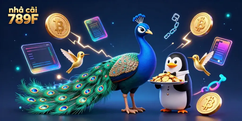 Engage with nhà cái 789F in an exciting casino scene featuring vibrant characters and crypto elements.