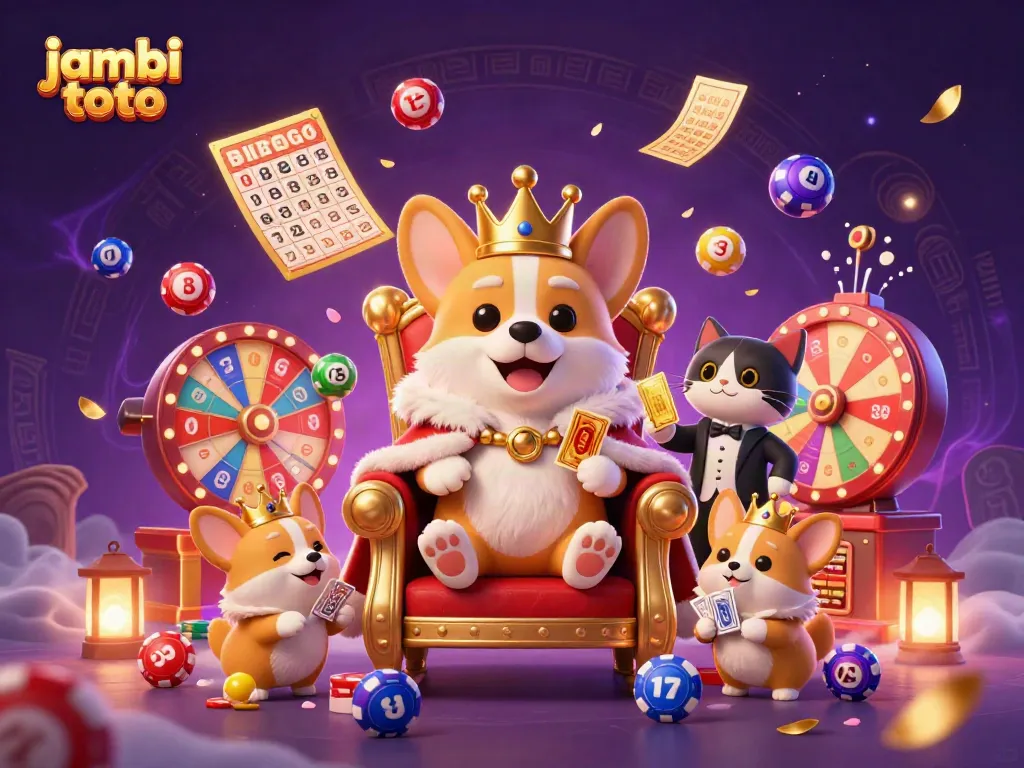 Engage with jambi toto winning strategies amidst a vibrant lottery scene featuring a corgi king and colorful balls.