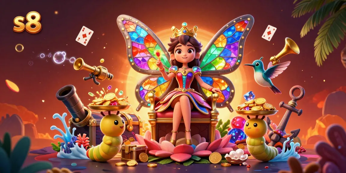 Engage with the vibrant world of s 8, featuring a butterfly queen and casino elements in a lush 3D landscape.