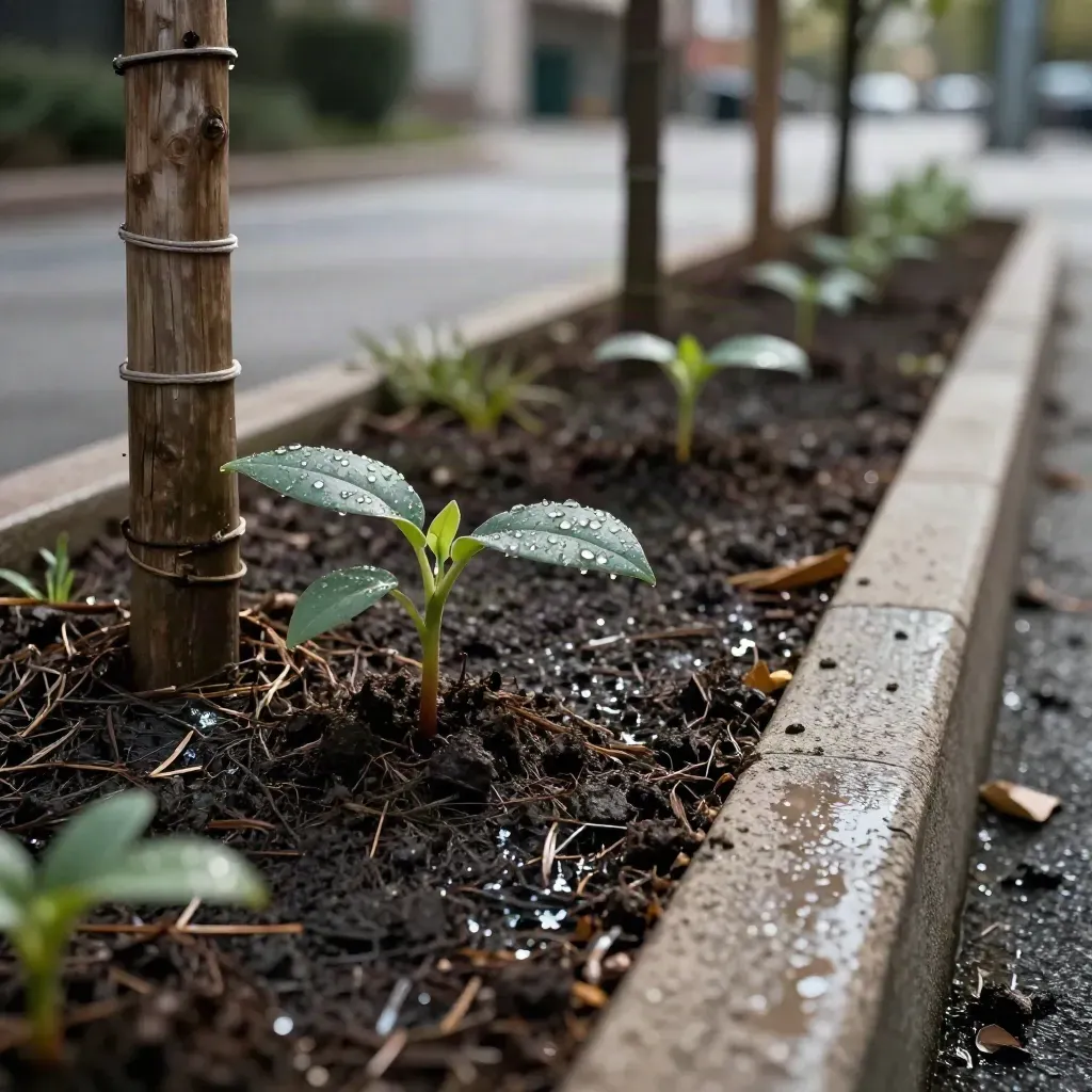 Jeunes arbres natifs arrosés, paillage de coco humide et tuteurs au bord d’une rue.