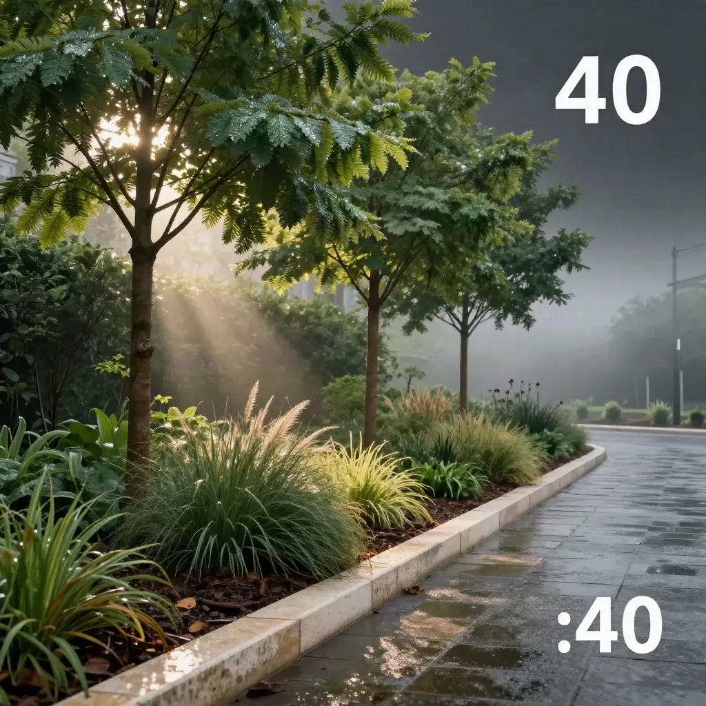 Trois jeunes platanes urbains, sol mouillé et mur végétal après la pluie.