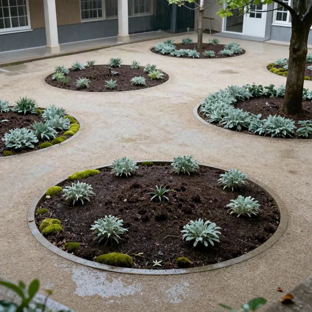 Cour d’école à Nantes avec fosses d’arbres circulaires, jeunes plants locaux et sol humide.
