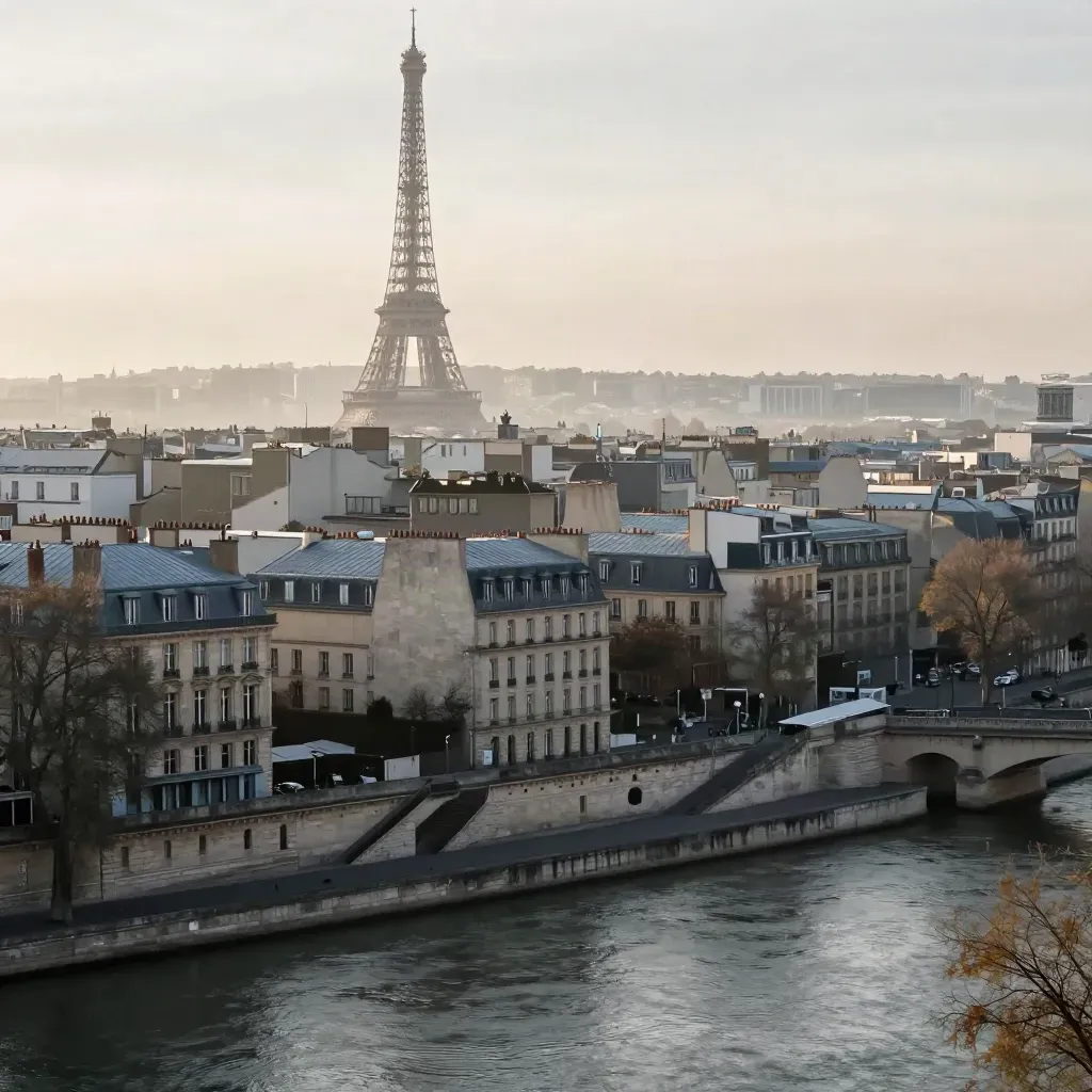 Vue de Paris au lever du jour, tour Eiffel au-dessus de la Seine dans une légère brume.