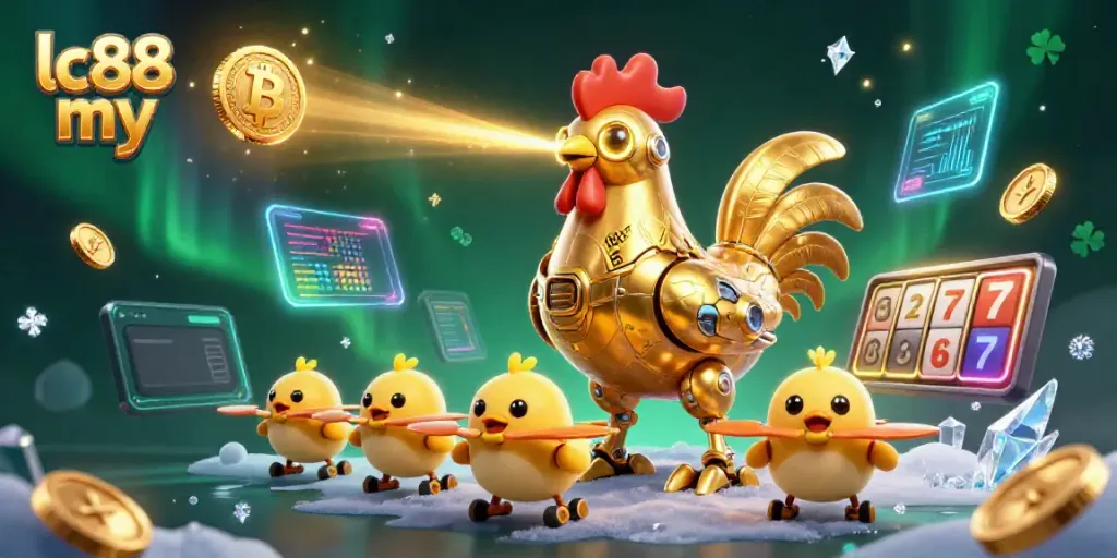 Experience lc88 my with a dynamic scene showcasing a golden rooster robot amidst vibrant casino elements and colorful coins.