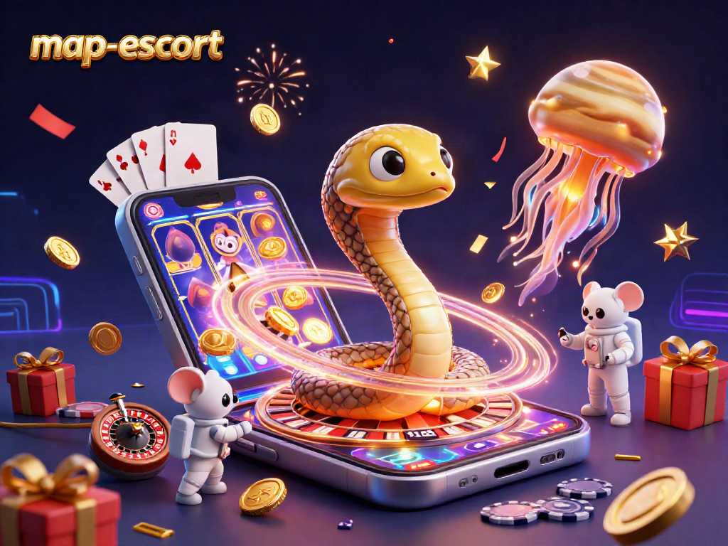 Engage with the map-escort scene, featuring cosmic characters, colorful slot games, and festive elements.