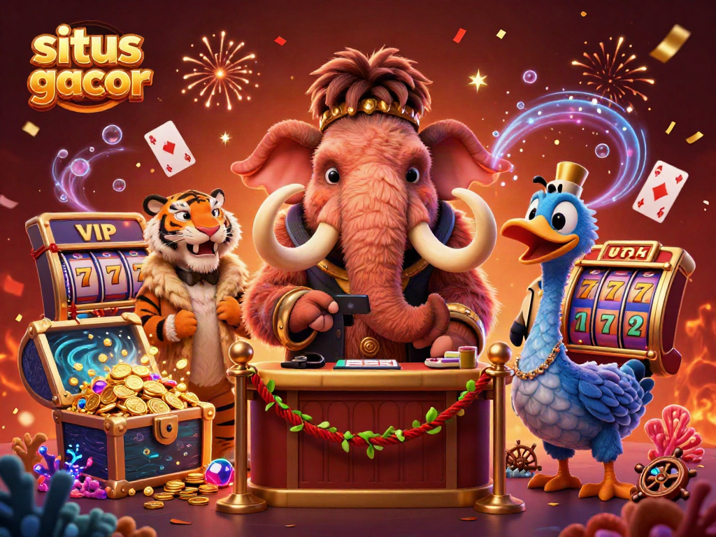 Engage with situs slot gacor at this vibrant 3D casino scene featuring slot elements and animated characters.