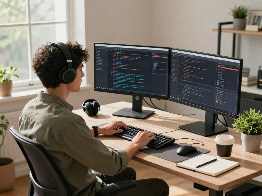 Scène moderne de bureau à domicile, Atlas pro ontv affichant des logiciels, ambiance productive et conviviale.