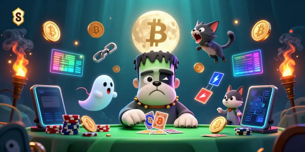 Engaging digital scene with s 8, showcasing a monster dealer at a casino table surrounded by crypto elements.