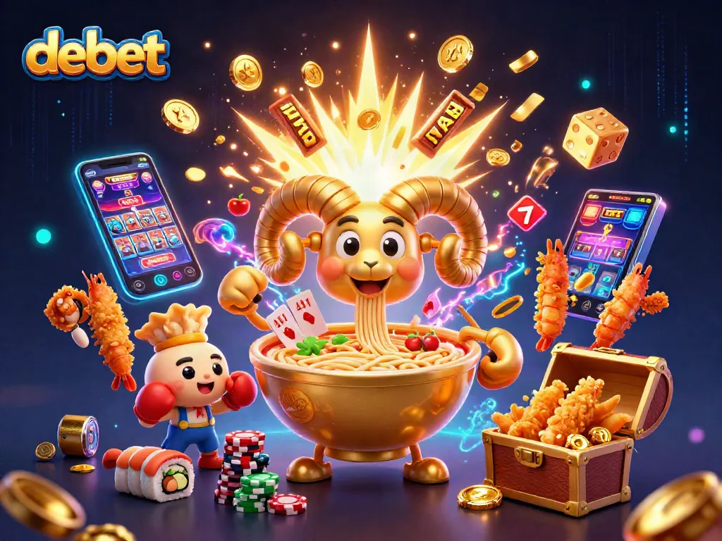 Debet showcases dynamic casino fun with a golden ramen bowl and vibrant game elements